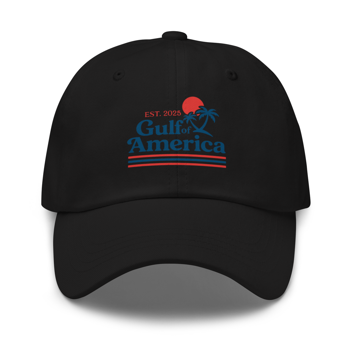 Black Gulf of America Hat front view with palm tree and sunset logo