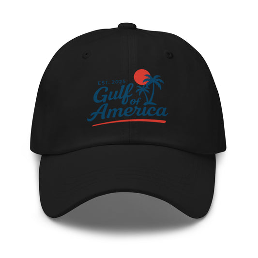 Front view of black patriotic Gulf of America cap