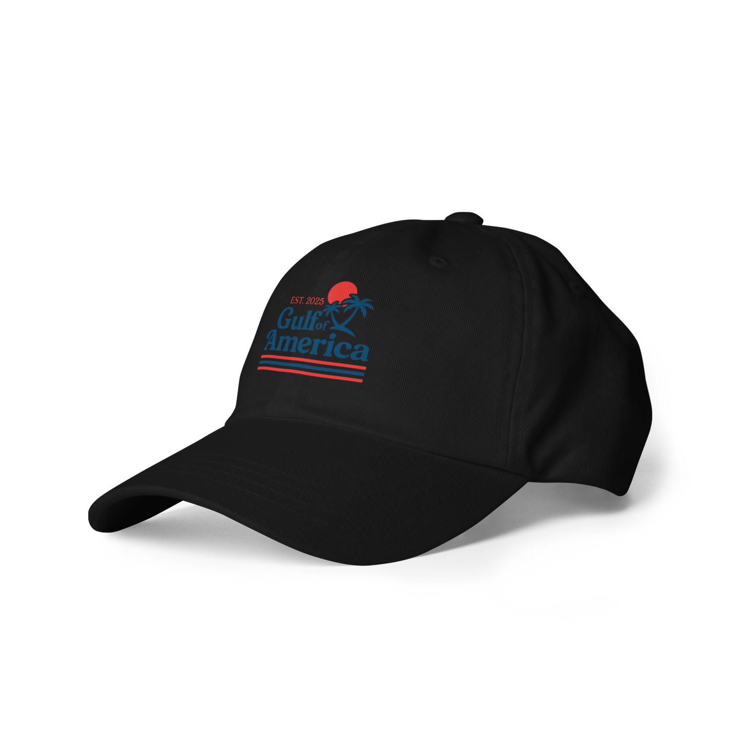 Side view of black Gulf of America Hat showing curved visor and logo detail