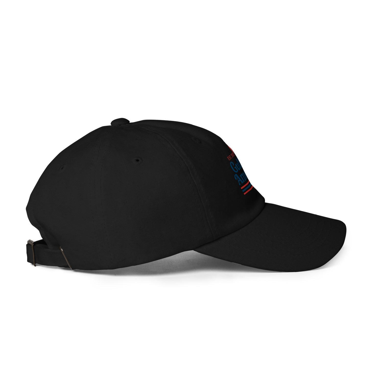 Angled side view of black Gulf of America Hat highlighting adjustable strap and curved visor