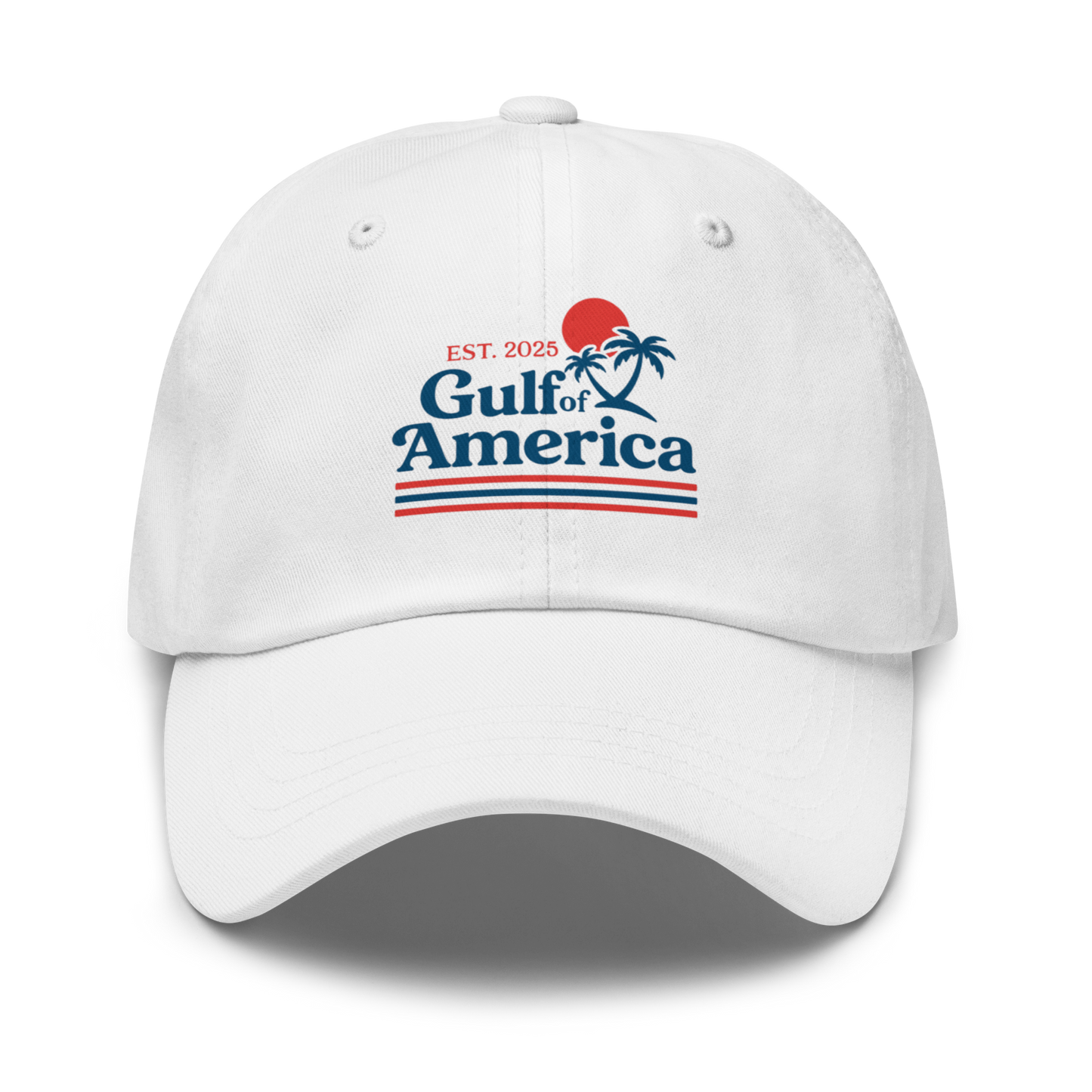 White Gulf of America Hat front view with palm tree and sunset logo