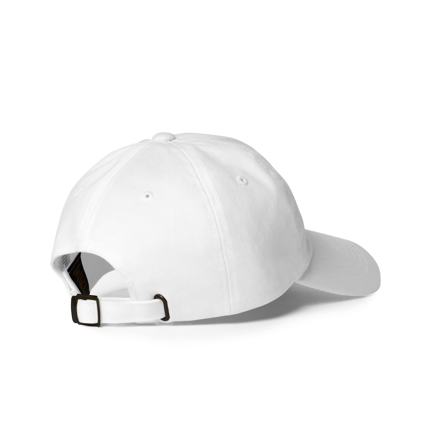 Angled back view of white Gulf of America Hat showing adjustable strap and metal buckle