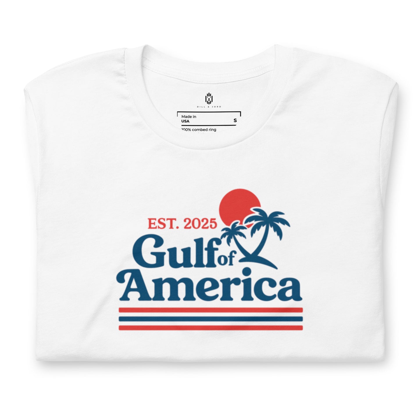 Gulf of America Made in USA patriotic t-shirt white folded with visible logo