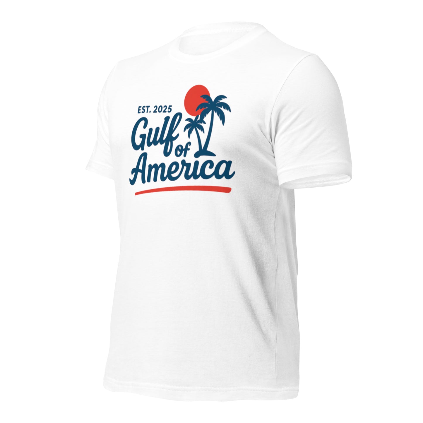 Side view of white Gulf of America Made in USA t-shirt