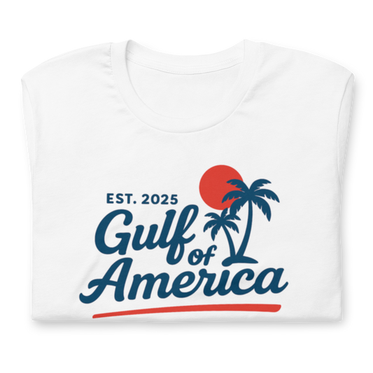 White t shirt folded with visible Gulf of America patriotic design