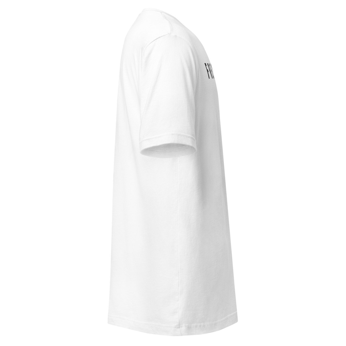 Side view of white Freedom t-shirt