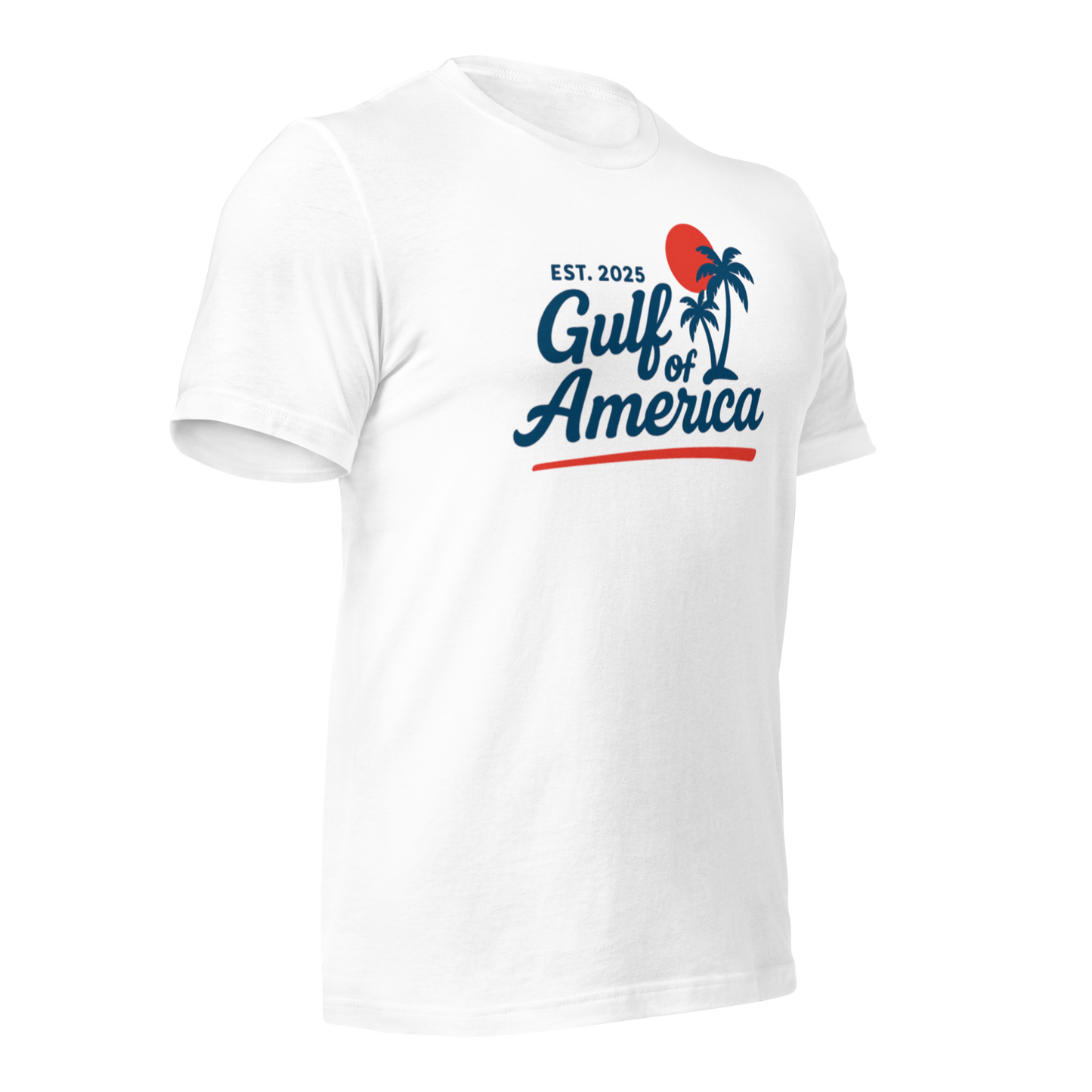 Side view of white Gulf of America patriotic shirt