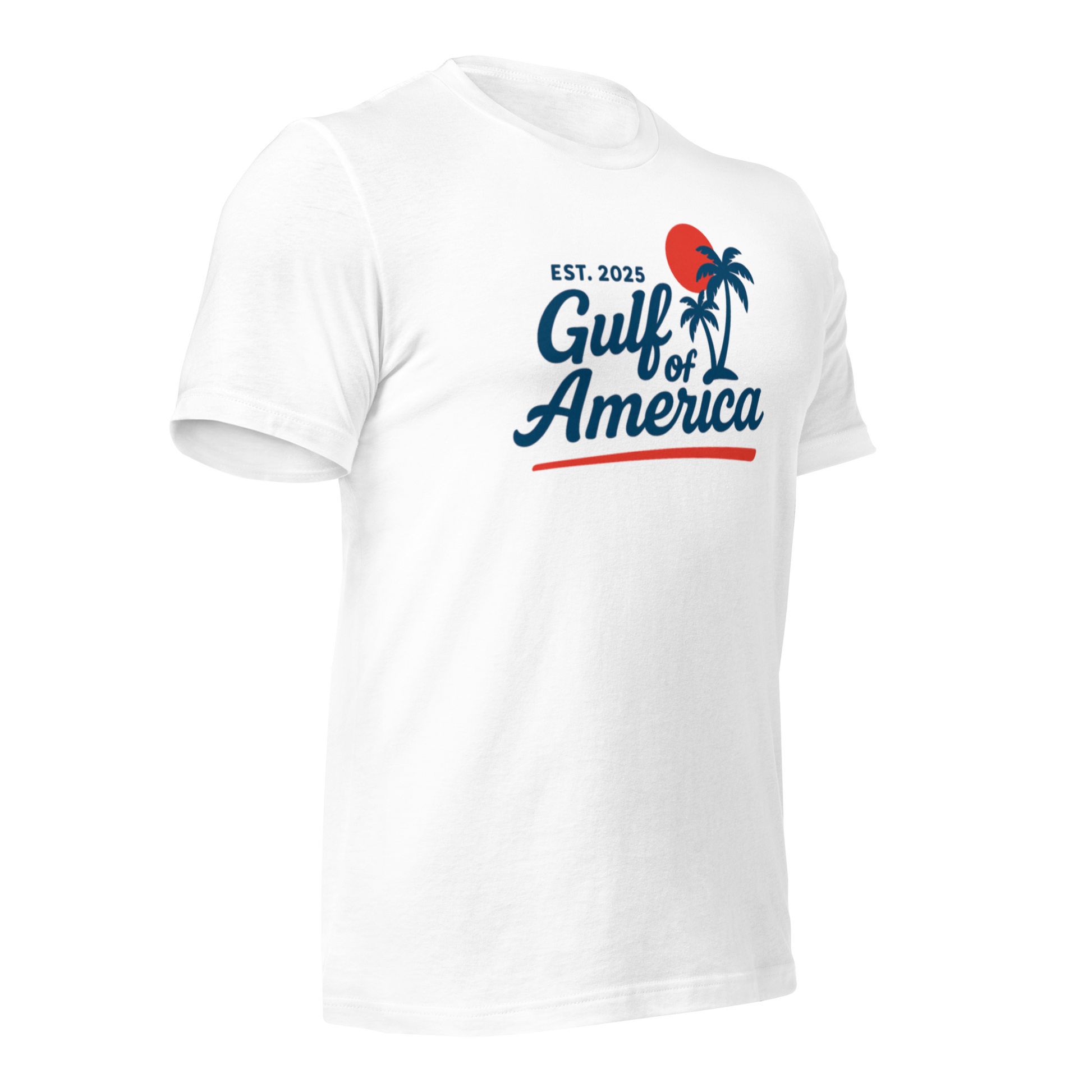 Side view of white Gulf of America patriotic shirt