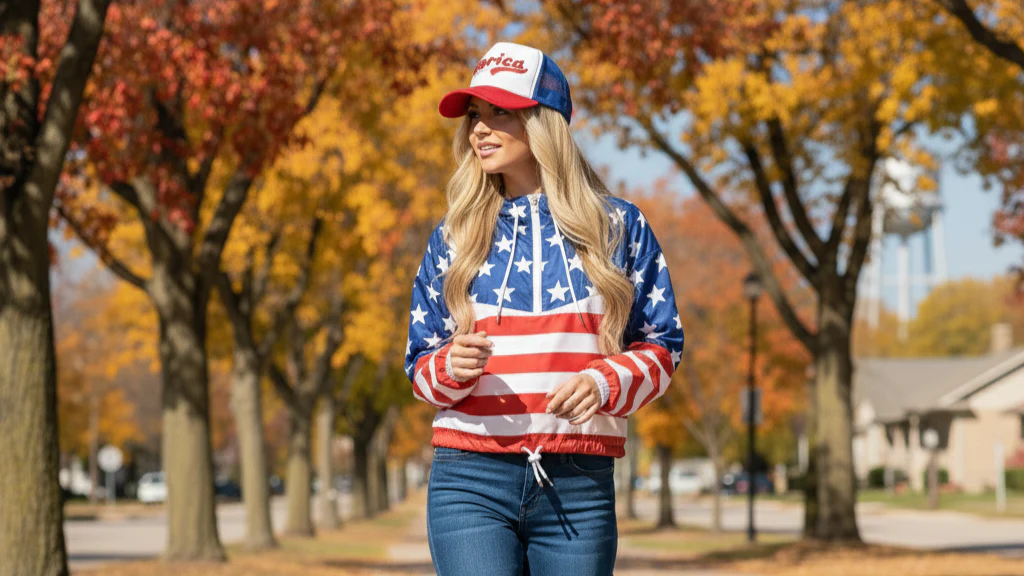 Woman wearing an American flag windbreaker hoodie and Merica' hat walking on a sidewalk with autumn trees in the background.