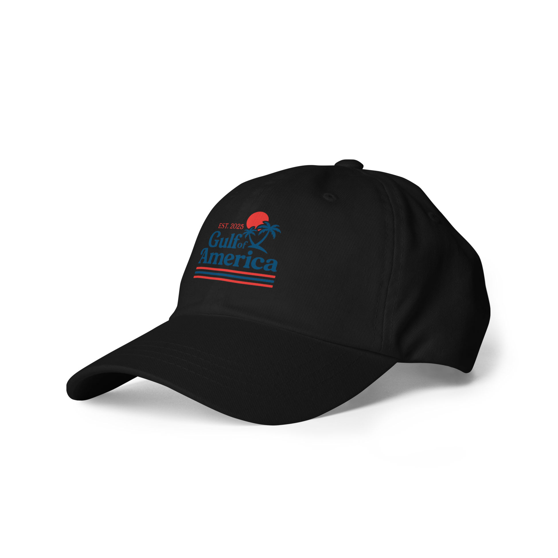 Side view of black Gulf of America Hat showing curved visor and logo detail