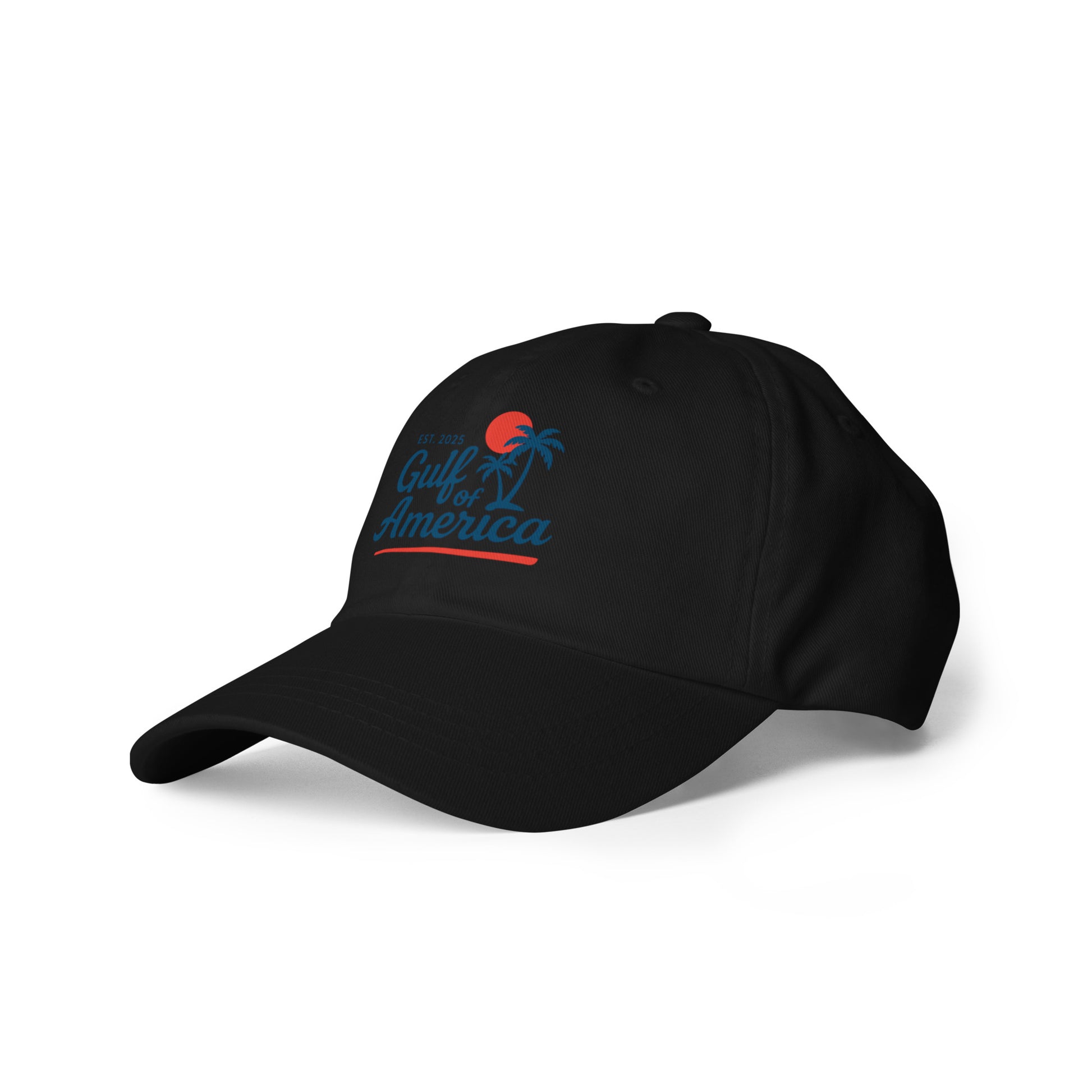 Side view of black Gulf of America hat showing curve brim