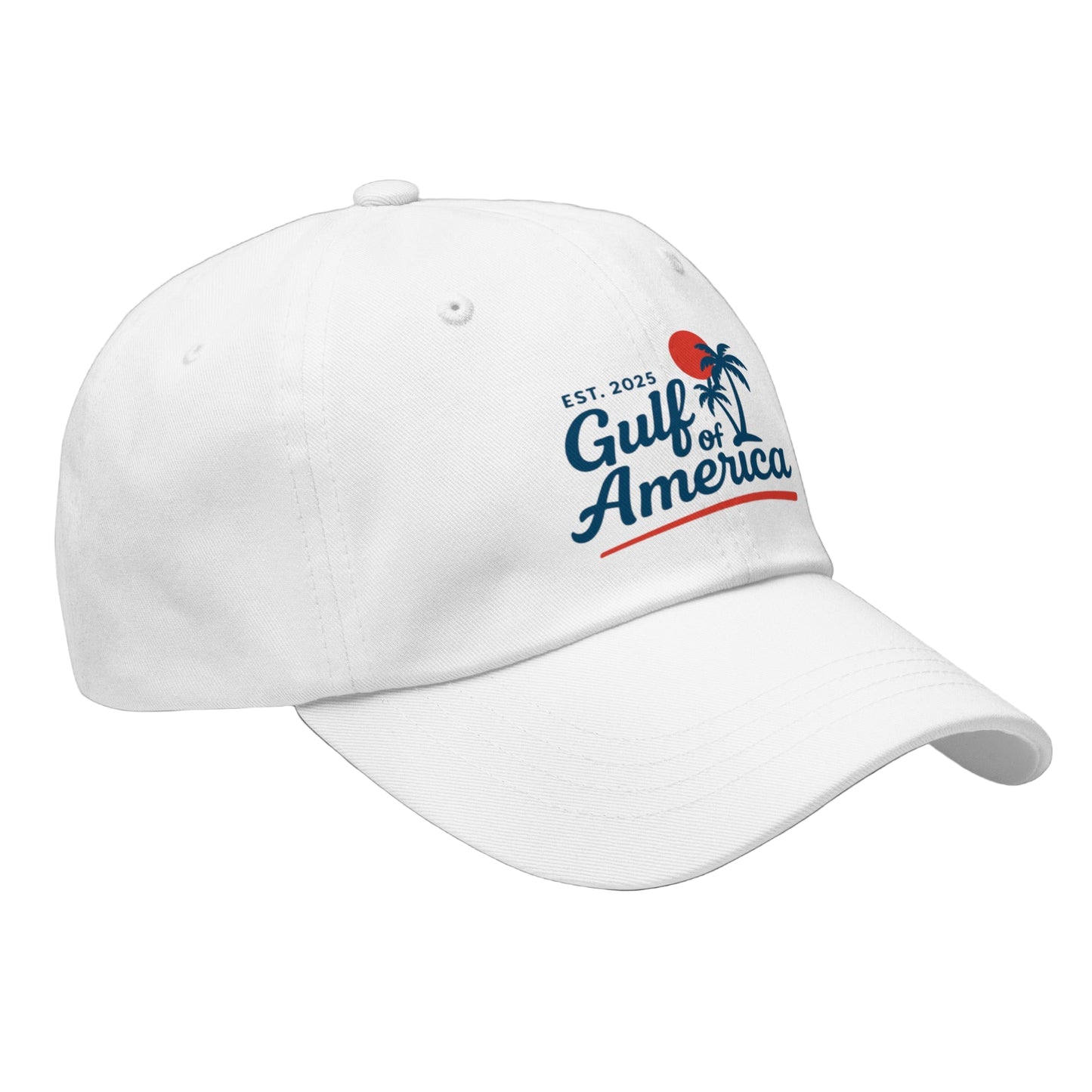 Side profile of white hat with Gulf of America logo