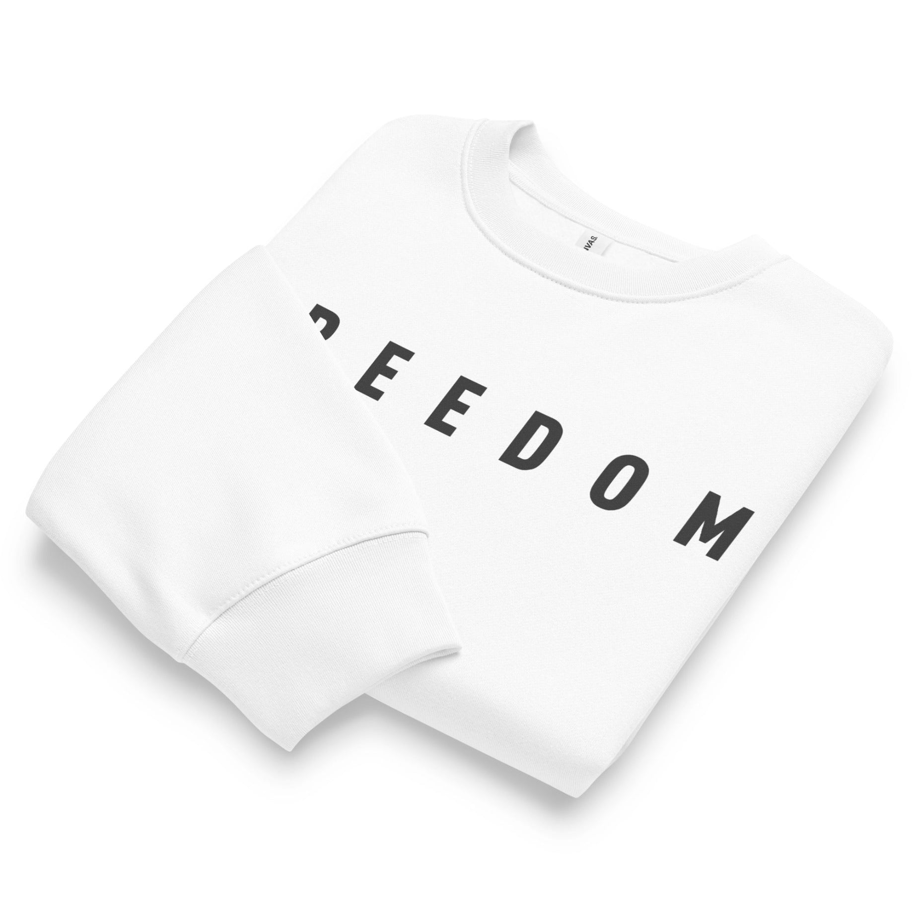 Flat lay close up of white Freedom Fleece Sweatshirt with white background. 