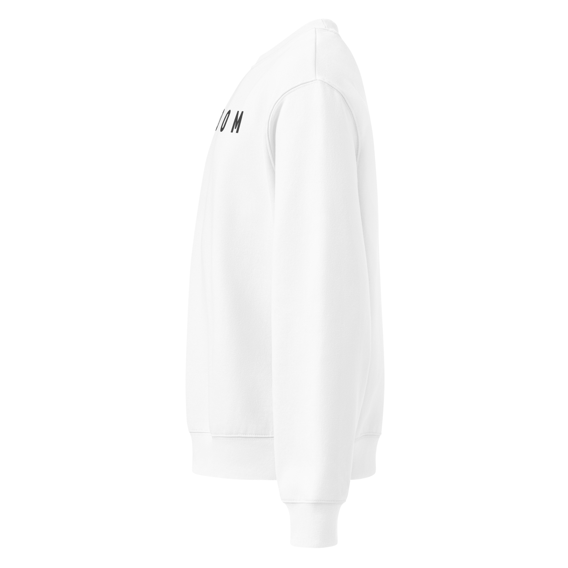 White hoodie side view with FREEDOM on the chest against a transparent background.