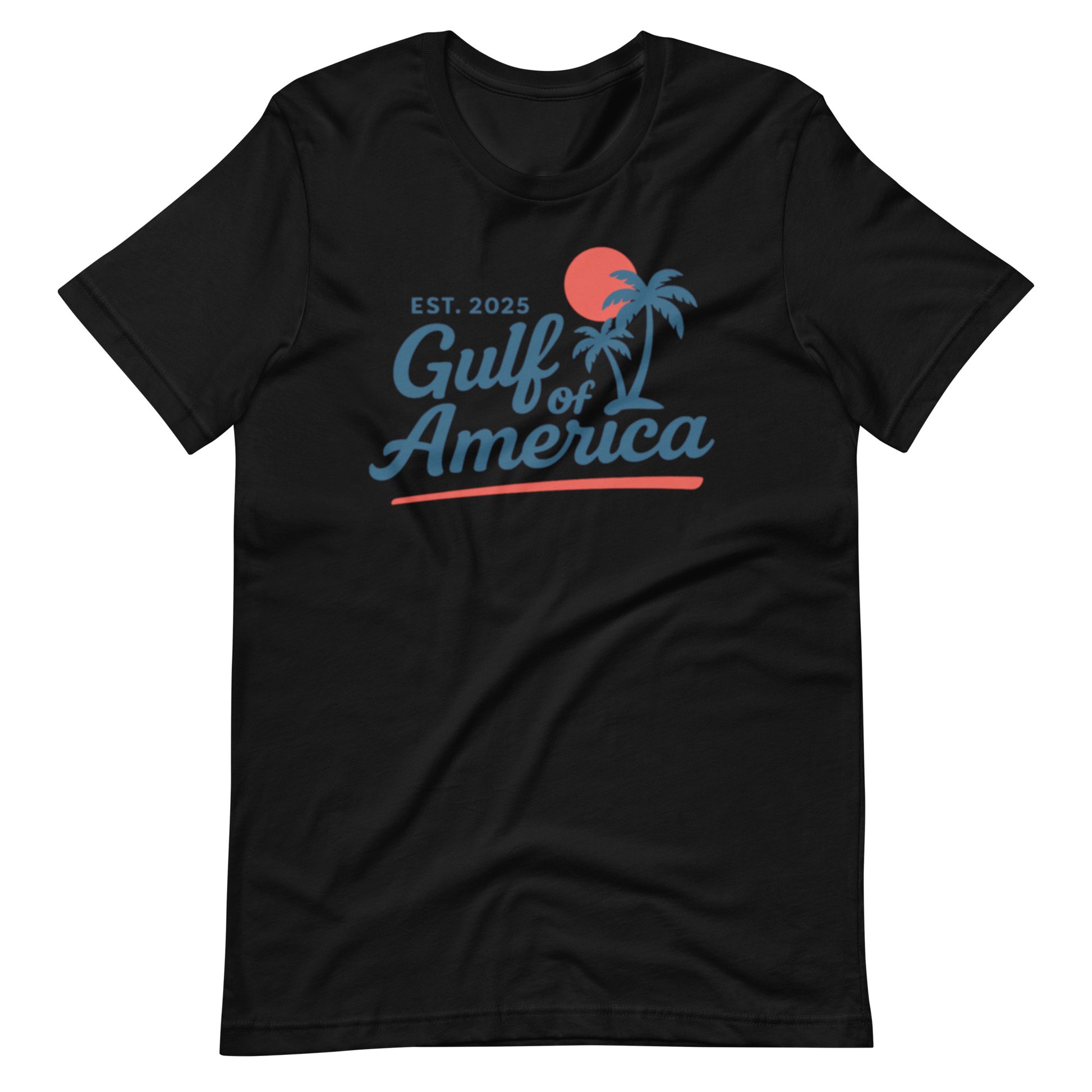 Front of black patriotic t-shirt, USA made Gulf of America graphic