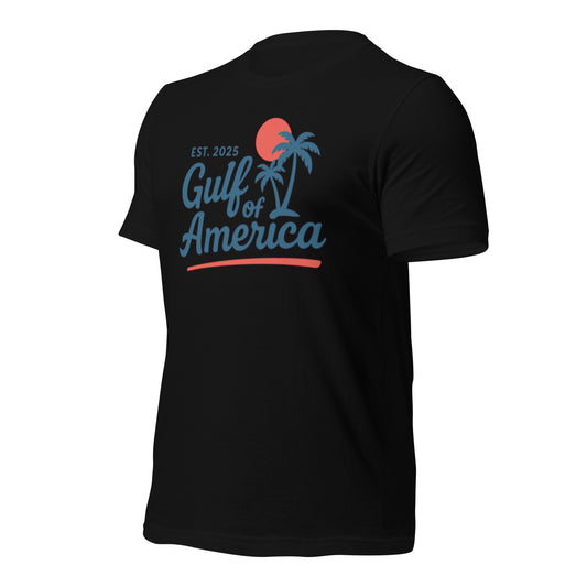 Side view of black Gulf of America Made in USA t-shirt