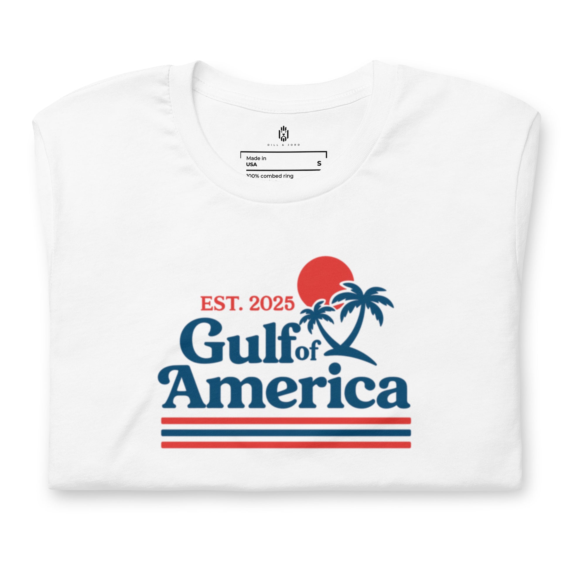 Gulf of America Made in USA patriotic t-shirt white folded with visible logo
