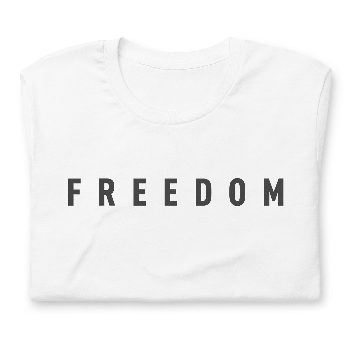 Close up of the Made in the USA Freedom Shirt chest area with the word FREEDOM in eclipse color print.