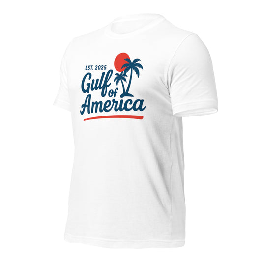 Side view of white Gulf of America Made in USA t-shirt