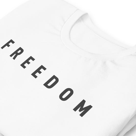Detailed close up of the Made in the USA Freedom Shirt fabric texture and front design lettering.