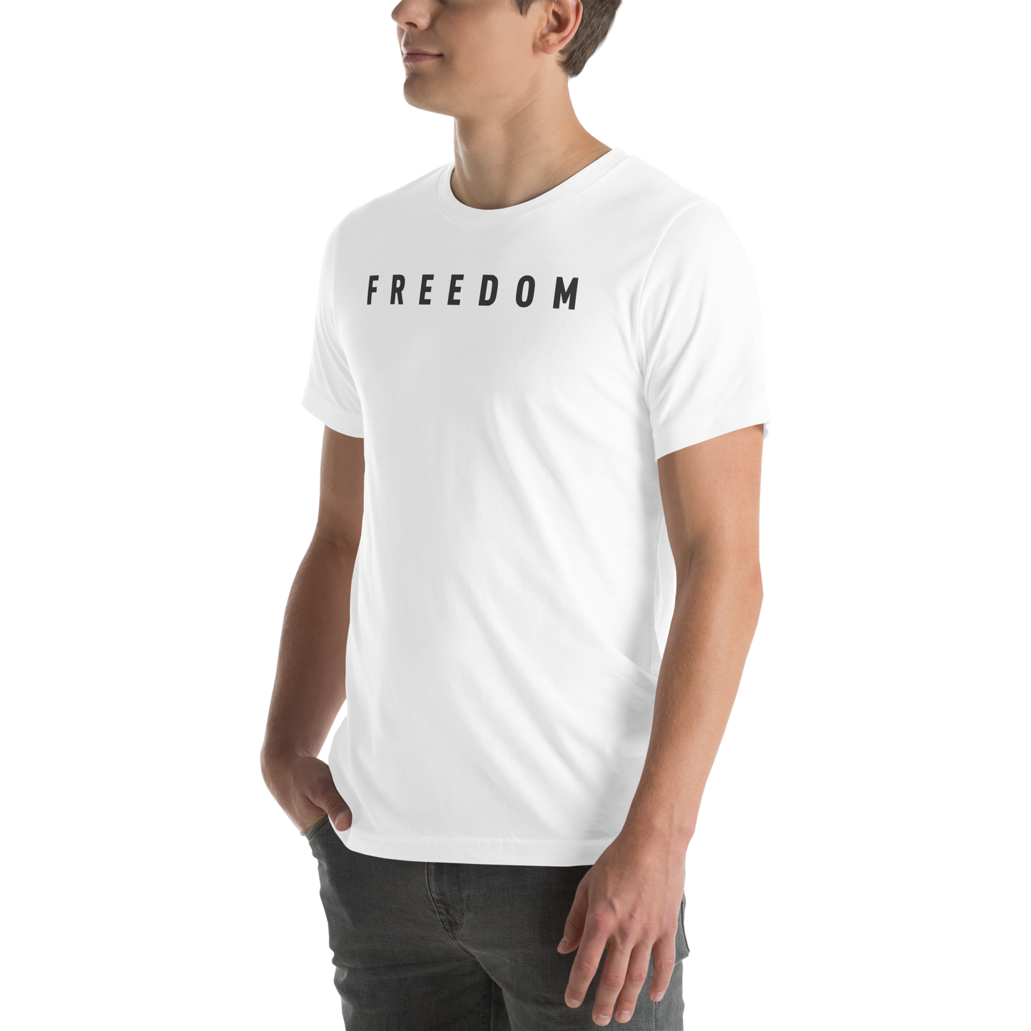 Side view of man in white Freedom Shirt